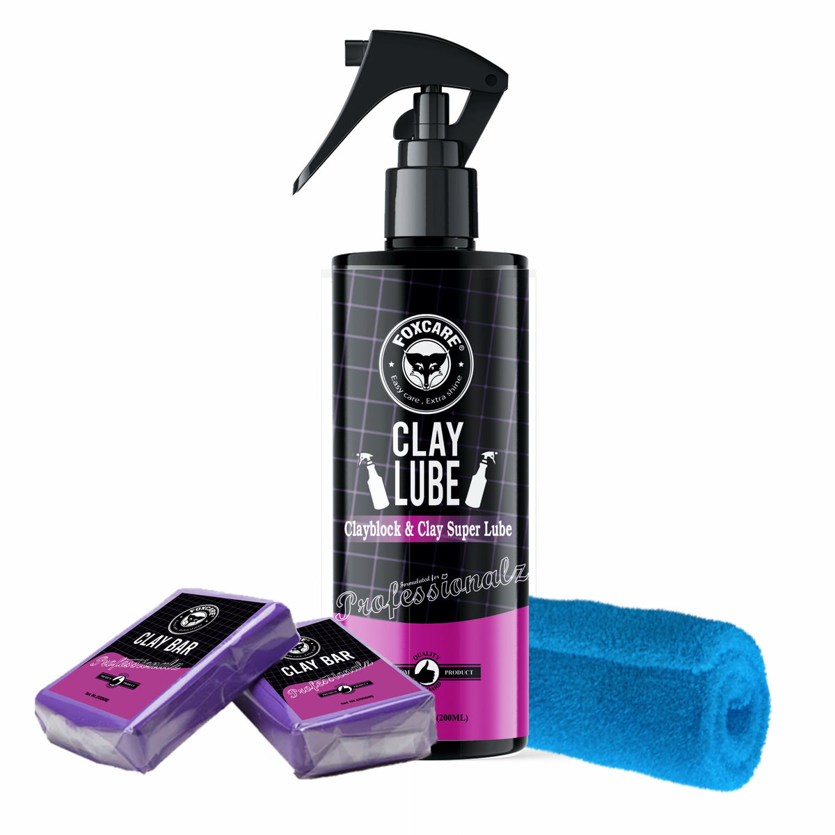 Foxcare Car Clay Cleaning Kit | Clay Bar & Lubricant Spray 200ml, 2 Bars 100gr Each, Microfiber Cloth, Contamination Removal Bar for Removing Rust & Other Foreign Particles from Paint & Glass